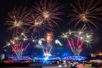 Beautiful Fireworks at Chaopraya River Bangkok , Thailand. Public event