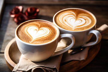 Two cups of hot coffee cafe latte with beautiful latte art and rose ornament, served on wooden table, coffee lover and valentine s day concept. - obrazy, fototapety, plakaty