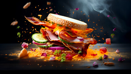 sandwich with bacon, cheese, lettuce, and cucumber, with flames and food particles flying around, giving a sense of motion and heat