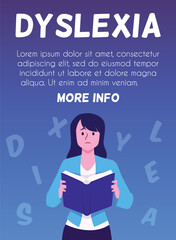Poster or vertical banner with sad young girl about dyslexia flat style