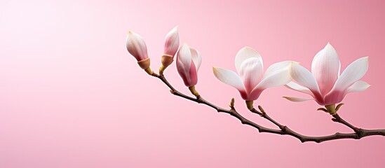 Blooming magnolia blossom in hot pink, with soft focus foliage and sunlit opening flower.
