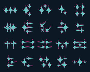 Collection of abstract y2k star shape elements. Slice effect style black teal and pink star shape elements.
