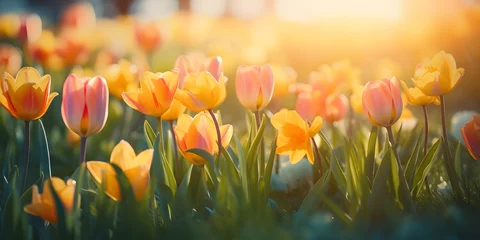 Foto op Aluminium Beautiful light pink and yellow spring flowers blooming during early spring with sunlight © Firn