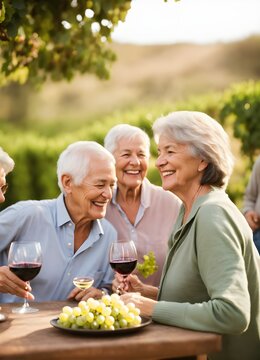 happy image of old people at age above 55 , enjoying and socializing outside and drinking .