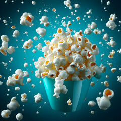 blue bucket overflowing with popcorn, kernels flying around against a teal background. Looks like a fun, delicious snack for a movie night