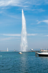 The Geneva Water Fountain, Jet d'Eau, in the city of Geneva, Switzerland. Lake Geneva. Switzerland landmark
