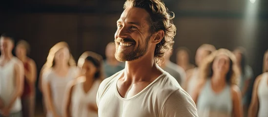 Gartenposter Tanzschule Caucasian man joins dance class, learning modern routines happily.