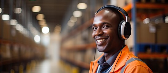 Cheerful warehouse coordinator, an African American, listening to music with headphones while inspecting merchandise in repository rows.