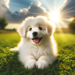 Image of a white-haired puppy - obrazy, fototapety, plakaty