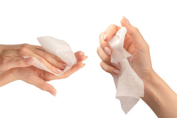 Wet wipe in a woman hand isolated on a white background. - obrazy, fototapety, plakaty