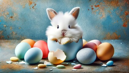 Cute little easter bunny, baby rabbit in broken eggshell, easter eggs, isolated on blue background texture, Funny easter concept.

