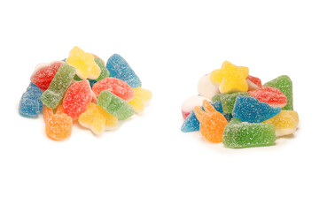 Assorted gummy candies isolated on a white background. Top view.