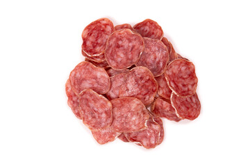 Tasty salami slices isolated on a white background.