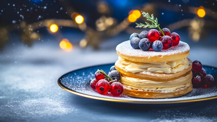 Stacked pancakes with cream filling, topped with powdered sugar, blueberries, and red currants on a festive plate with holiday lights in the background