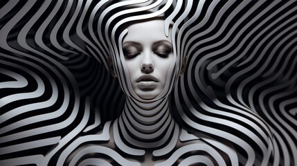 3d rendering of a female figure in a futuristic style made of stripes.