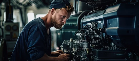Foto op Plexiglas Caucasian male engineer on a superyacht maintaining the generator in the engine room. © TheWaterMeloonProjec