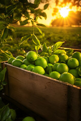 Limes harvested in a wooden box with orchard and sunshine in the background. Natural organic fruit abundance. Agriculture, healthy and natural food concept. Vertical composition.