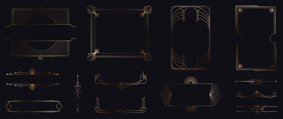 Collection of geometric art deco ornament. Luxury golden decorative elements with different lines, frames, headers, dividers and borders. Set of elegant design suitable for card, invitation, poster. - obrazy, fototapety, plakaty