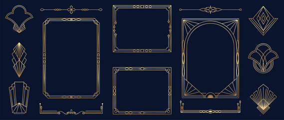 Collection of geometric art deco ornament. Luxury golden decorative elements with different lines, frames, headers, dividers and borders. Set of elegant design suitable for card, invitation, poster.