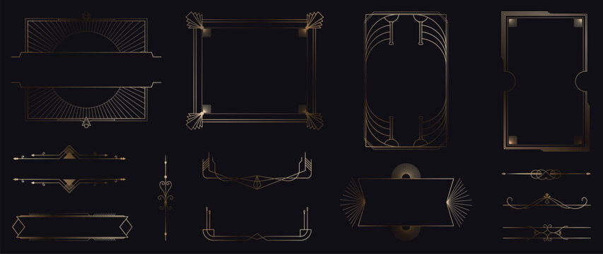 Collection of geometric art deco ornament. Luxury golden decorative elements with different lines, frames, headers, dividers and borders. Set of elegant design suitable for card, invitation, poster.