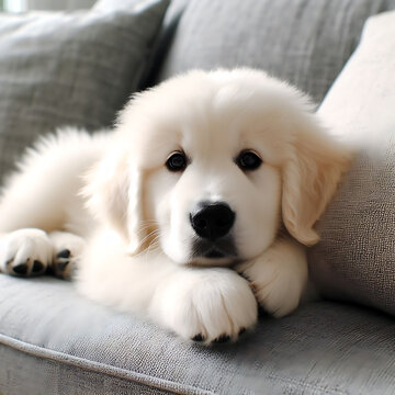 Image of a white puppy lying on the sofa