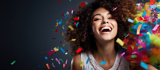 Brazilian woman in costume at a Carnaval party, blowing confetti with curly hair.