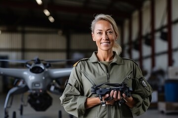 Portrait of confident mature female pilot with remote control drone in hangar