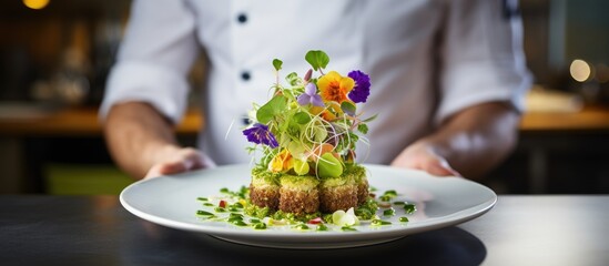Chef with vegetarian dish adorned with an avocado flower, close-up at a fancy restaurant. - Powered by Adobe