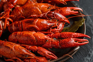 boiled crayfish on a black plate