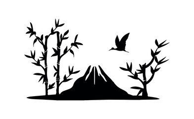 landscape on a Japanese motif with a volcano vector silhouette.