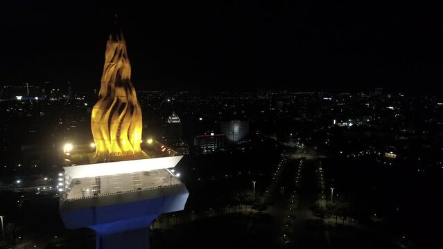 Indonesia National Monument Tower Monas in the Jakarta City Aerial Drone Footage Night