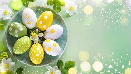 Colorful Easter eggs in a plate on a light green background green, yellow and white Easter eggs with flowers and dots on eggs frame with copy space for text in the middle - obrazy, fototapety, plakaty