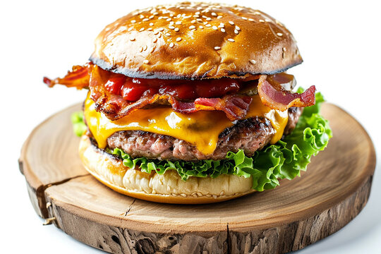 Delicious American Burger with Beef and Bacon on Wooden Plate, Isolated on White Background Created with Generative AI Tools
