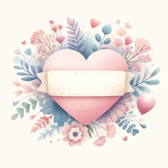 Watercolor badge background with heart , pastel sale banner vector - obrazy, fototapety, plakaty