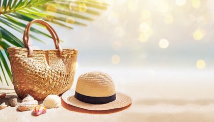 Woman's beach accessories: swimsuit, bikini, rattan bag, straw hat, shells, sunglasses, palm leaves on sand background. Exotic, tropical mood. Summer vacation, travel concept