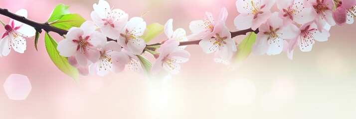 Fresh green tree leaves and blossoming pink cherry tree frame natural background. Banner with copy space, spring concept.