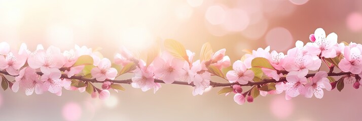 Fototapeta na wymiar Fresh green tree leaves and blossoming pink cherry tree frame natural background. Banner with copy space, spring concept.