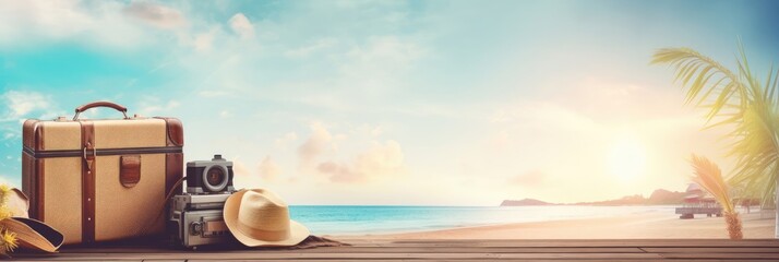 Banner with Vintage suitcase hat photo camera and passport on wooden deck with background of tropical sea beach and palm three summer holiday traveling concept design banner with copy space