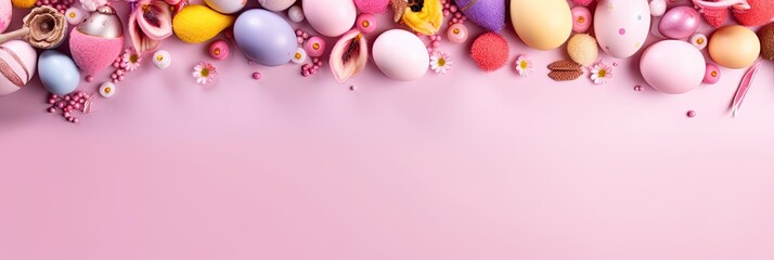 Easter sweets in the form of eggs and rabbits frame on pink background with copy space in the middle banner