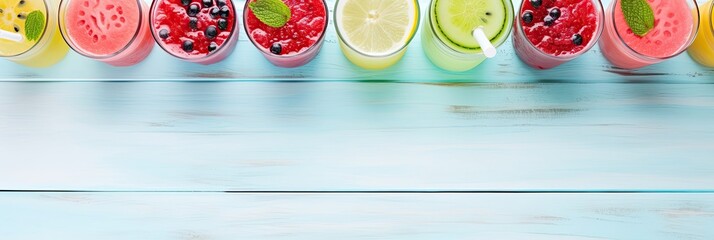Colorful refreshing cold watermelon peach raspberry organge fruits juice smoothies in the glasses on light blue wood banner background with copy space top view
