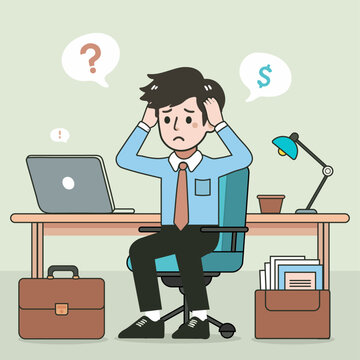 young business man stress money at office two hands on head cartoon character vector illustration, overworked job tired accountant employee wearing tie sitting on chair his desk file and bag headache