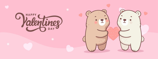 cute cartoon flat vector animal character baby teddy little bear doll couple giving gift red heart shape banner website, happy valentine day text illustration greeting card holidays sending love happy - obrazy, fototapety, plakaty