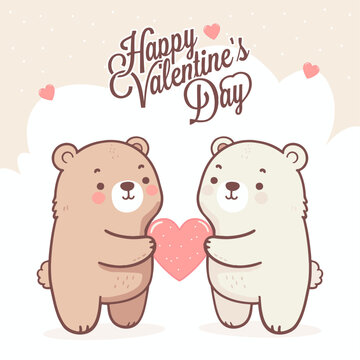 cute adorable cartoon flat vector animal character baby teddy bear doll couple giving gift red heart shape in middle, happy valentine day text illustration greeting card holidays sending love happy