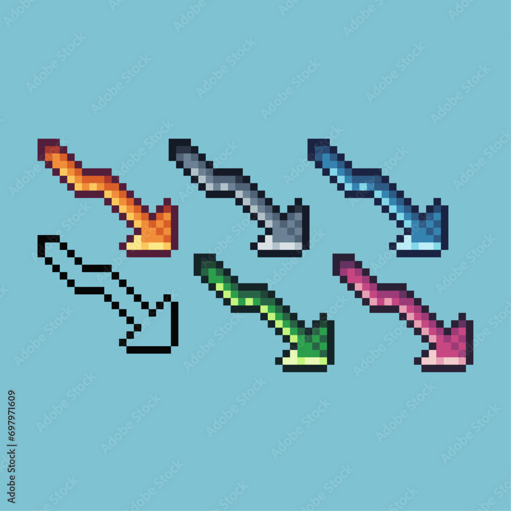 Poster pixel art sets of graph down icon with variation color item asset. graph down icon on pixelated styl