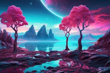 on a alien planet looking over giant valley landscape, neon lights and far horizons. few trees near...