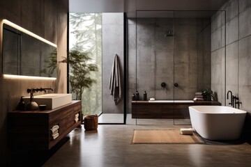 Modern bathroom interior with beige walls, Minimalist beige bathroom with modern furniture - obrazy, fototapety, plakaty