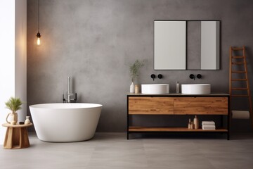 Fototapeta na wymiar Modern bathroom interior with beige walls, Minimalist beige bathroom with modern furniture