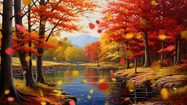 An autumn scene with trees adorned with colorful leaves falling and surrounding calm waters.seamless looping  time-lapse virtual video animation background

