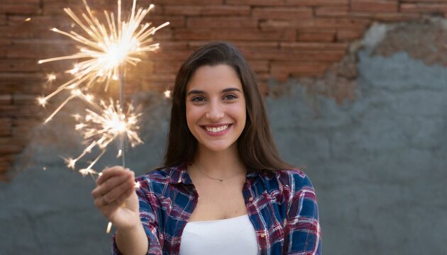 Mulher sorridente de vista frontal com fogos de artifício
