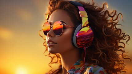 Young girl wearing big headphones and amazing sunglasses. - obrazy, fototapety, plakaty
